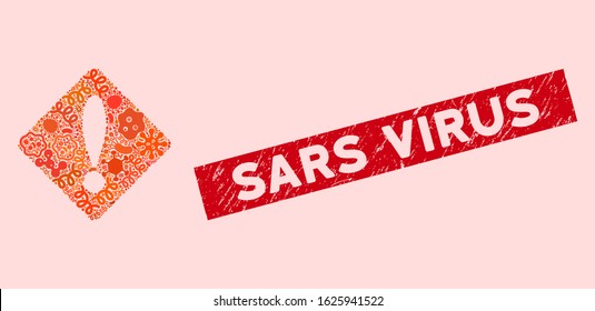 Infectious mosaic error icon and rectangular corroded stamp watermark with Sars Virus caption. Mosaic vector is composed with error icon and with scattered infectious symbols.