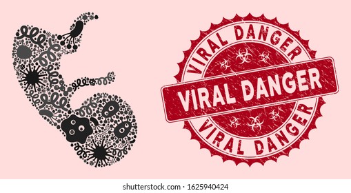 Infectious mosaic human embryo icon and rounded distressed stamp seal with Viral Danger text. Mosaic vector is created with human embryo icon and with randomized bacillus objects.