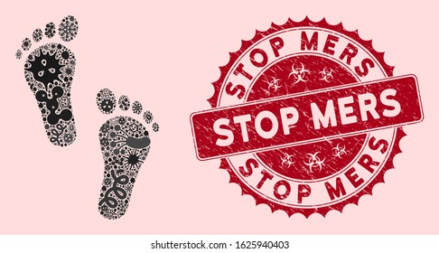 Infectious mosaic human steps icon and round grunge stamp seal with Stop Mers phrase. Mosaic vector is composed with human steps icon and with random contagious objects. Stop Mers seal uses red color,