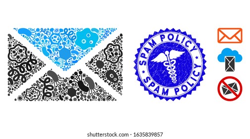 Infectious mosaic mail icon and rounded grunge stamp seal with Spam Policy text and doctor icon. Mosaic vector is created with mail icon and with random contagious icons.