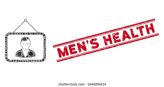 Infectious mosaic man portrait icon and red Men S Health rubber print between double parallel lines. Mosaic vector is created with man portrait icon and with scattered contagious elements.