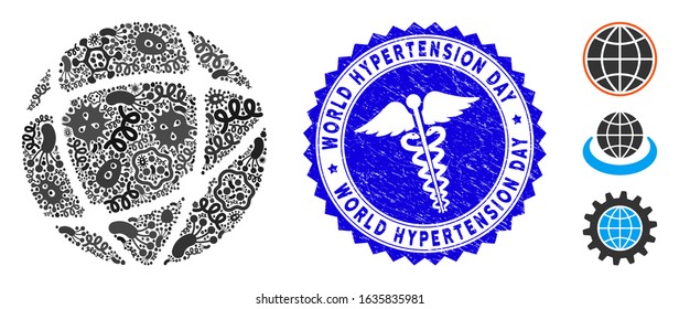 Infectious mosaic network icon and round rubber stamp seal with World Hypertension Day phrase and health care icon. Mosaic vector is composed with network icon and with random viral items.