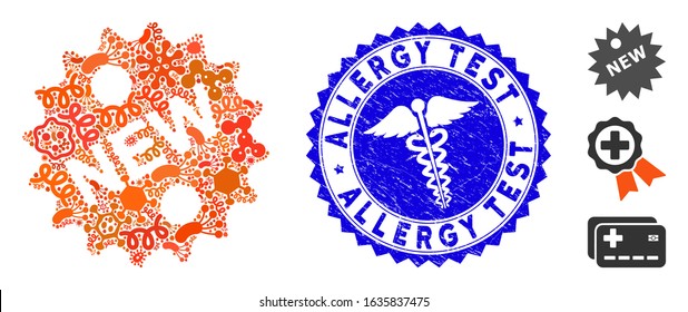 Infectious mosaic new icon and round rubber stamp seal with Allergy Test caption and serpents symbol. Mosaic vector is composed with new icon and with scattered contagion symbols.