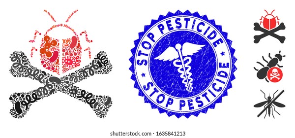 Infectious mosaic pesticide icon and round grunge stamp watermark with Stop Pesticide text and healthcare icon. Mosaic vector is created with pesticide icon and with scattered flu elements.
