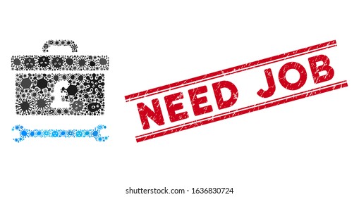Infectious mosaic pound toolbox icon and red Need Job seal stamp between double parallel lines. Mosaic vector is formed with pound toolbox icon and with random bacteria symbols.