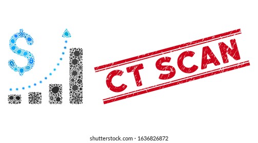 Infectious mosaic sales growth icon and red Ct Scan seal between double parallel lines. Mosaic vector is composed with sales growth icon and with scattered pathogen icons. Ct Scan seal uses red color,