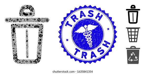 Infectious mosaic trash icon and rounded distressed stamp seal with Trash text and clinic sign. Mosaic vector is formed with trash icon and with randomized pandemic items. Trash seal uses red color,