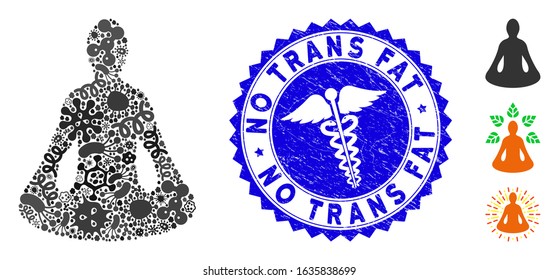 Infectious mosaic yoga icon and round distressed stamp seal with No Trans Fat text and medic sign. Mosaic vector is designed with yoga icon and with random microorganism items.