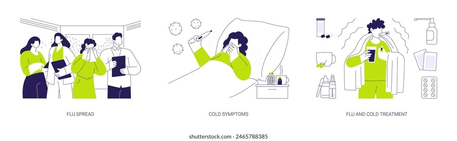 Infectious respiratory disease abstract concept vector illustration set. Flu spread, cold symptoms, influenza treatment, contagious sickness, coughing and sneezing, high temperature abstract metaphor.