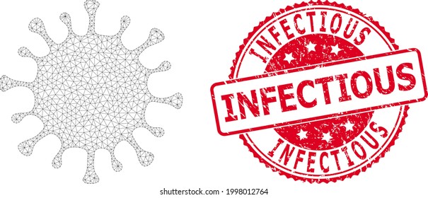 Infectious textured seal and vector coronavirus mesh structure. Red seal contains Infectious tag inside. Abstract flat mesh coronavirus, built from flat mesh.
