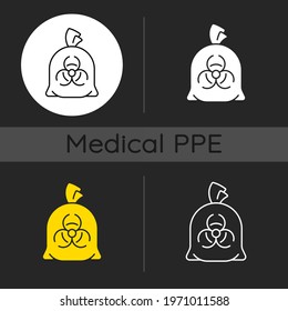 Infectious waste bag dark theme icons set. Disposable biohazard trash. Quarantine safety. Disposable PPE. Linear white, solid glyph and RGB color styles. Isolated vector illustrations