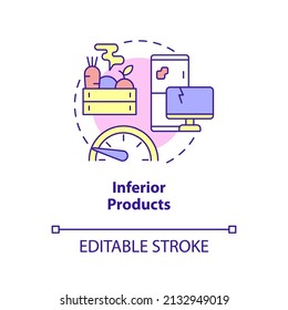 Inferior Products Concept Icon. Poor Quality Goods. Market Economy Cons Abstract Idea Thin Line Illustration. Isolated Outline Drawing. Editable Stroke. Arial, Myriad Pro-Bold Fonts Used