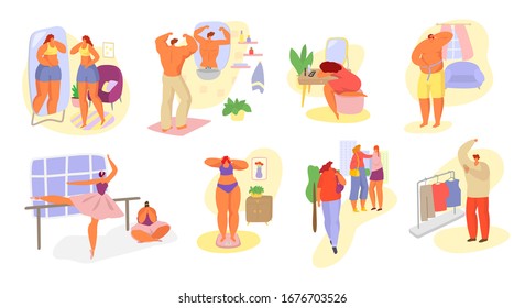 Inferiority complex of different people vector illustration hand drawn men, women collection set. People feel inferior due to overweight. Dissatisfaction with mirror image. Sweating armpits and smell.