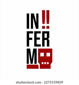 Infermo word graphic design with illustration of geometric skull in letter O. Can be used for t-shirt design, poster and banner elements on Halloween Day celebration.