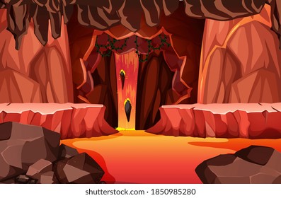 Infernal dark cave with lava scene illustration