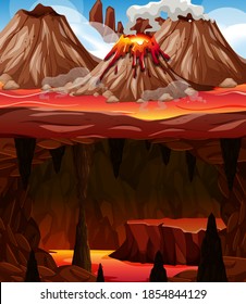 Infernal dark cave with lava scene illustration