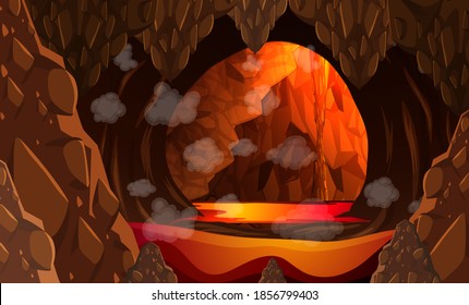 Infernal dark cave with lava scene illustration