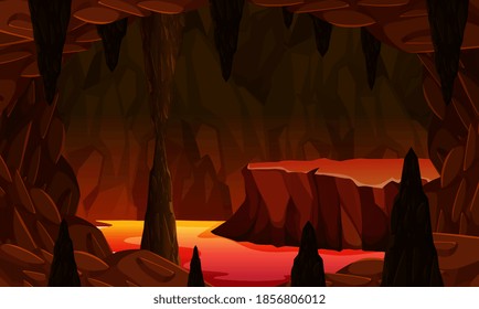 Infernal dark cave with lava scene illustration