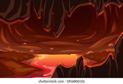 Infernal dark cave with lava scene illustration