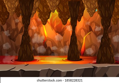 Infernal dark cave with lava scene illustration