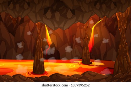 Infernal dark cave with lava scene illustration