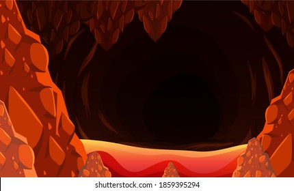 Infernal dark cave with lava scene illustration