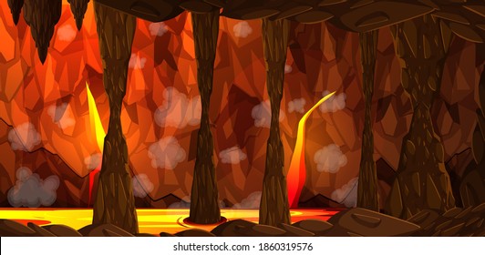 Infernal dark cave with lava scene illustration