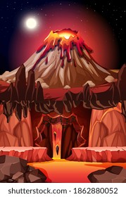 Infernal dark cave with lava scene illustration