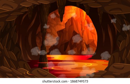 Infernal dark cave with lava scene illustration