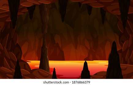 Infernal dark cave with lava scene illustration