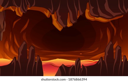 Infernal dark cave with lava scene illustration