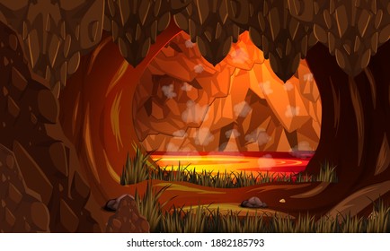 Infernal dark cave with lava scene illustration