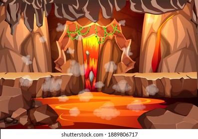 Infernal dark cave with lava scene illustration