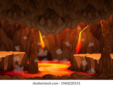 Infernal dark cave with lava scene illustration