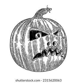 Infernal and mystical drawing of scary and mysterious carved Jack-o-lanterns. Hand drawing symbol of harvest, Halloween and spirits background. Creepy autumn holiday dark decor. Vector.