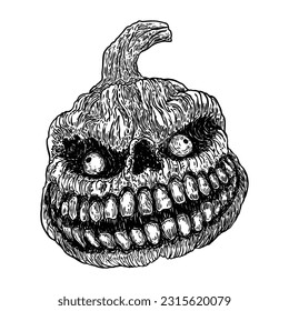 Infernal and mystical drawing of scary and mysterious carved Jack-o-lanterns. Hand drawing symbol of harvest, Halloween and spirits background. Creepy autumn holiday dark decor. Vector.