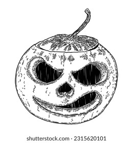 Infernal and mystical drawing of scary and mysterious carved Jack-o-lanterns. Hand drawing symbol of harvest, Halloween and spirits background. Creepy autumn holiday dark decor. Vector.