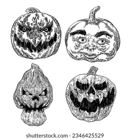 Infernal and mystical horror smiling pumpkin set. Halloween candle light set of carved pumpkins for celebration. Evil smile from a Halloween Jack o lantern. Vector.