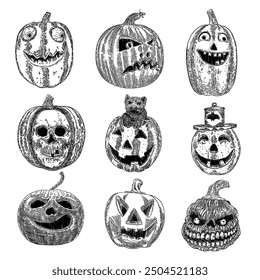 Infernal and mystical horror smiling pumpkin set. Halloween candle light set of carved pumpkins for celebration. Evil smile from a Halloween Jack o lantern. Vector.