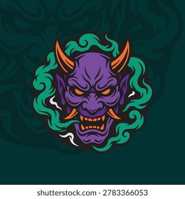 Infernal Oni Mask Rising Amid Emerald Smoke