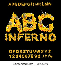 Inferno ABC. Hell font. Fire letters. Sinners in hellfire. hellish Alphabet. Scrape down flame for sins. torture skeletons