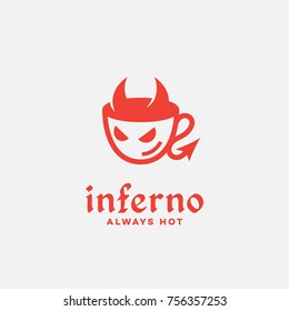 Inferno Café Logo Vorlage Design mit einem diabolischen Becher. Vektorillustration.