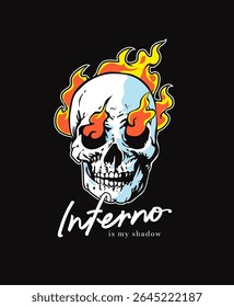 slogan da caligrafia do inferno com illistração do vetor gráfico do crânio em chamas sobre fundo preto