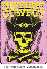 Inferno Cowboy, vintage poster, retro, t shirt, print, blazing, firing, pink and yellow colors, art, music, 1960, old west, gangster, hunter