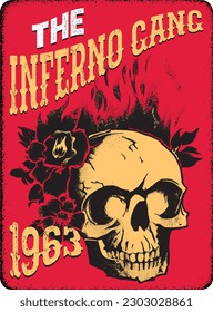 The Inferno Gang, gangster, gang, vintage poster, retro, t shirt, print, blazing, firing, red and yellow colors, art, music, 1963, old west, gangster, skull, skull gang, floral, flowers