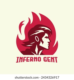 Inferno Gent Logo. Dynamic Masculine Figure Vector with Fiery Backdrop, Editable Colors