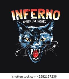 inferno slogan with angry cat graphic vector illustration on black background