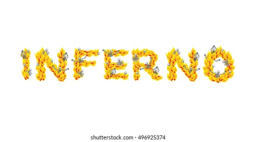 Inferno text. fire letters. Skeletons in Hell. Sinners in Gehennal. Satanic symbol. hellish thick
