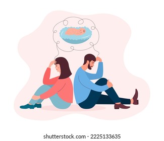 Infertile couple dreams about baby. Man and woman sitting back to back and suffer from reproductive problems. Fertility problem, pregnancy problems, IVF, infertility, gynecological disease, family