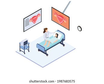 Infertility isometric vector concept. Doctor examining infertility female patient with USG medical machine